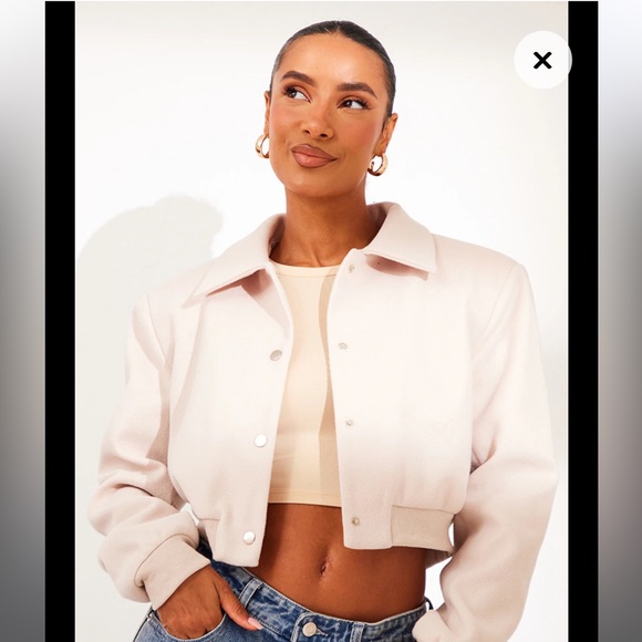 NWT Stone Beige Shoulder Padded Wool Look Cropped Bomber Jacket - Picture 3 of 11